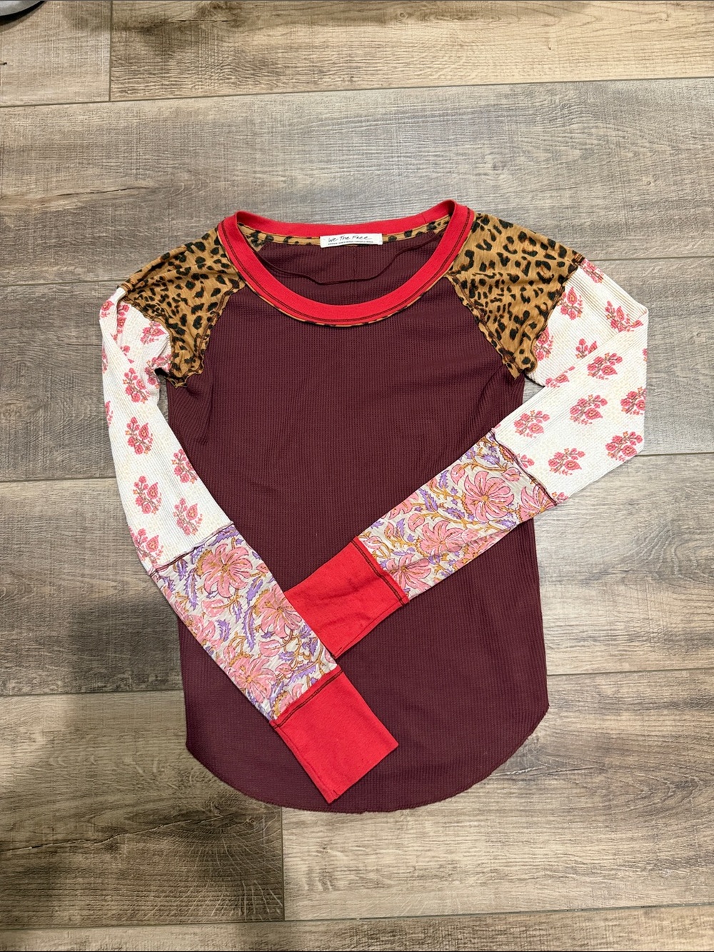 We The Free Mixed-Print Raglan Long Sleeve Top - Burgundy, Red, Leopard, Pink